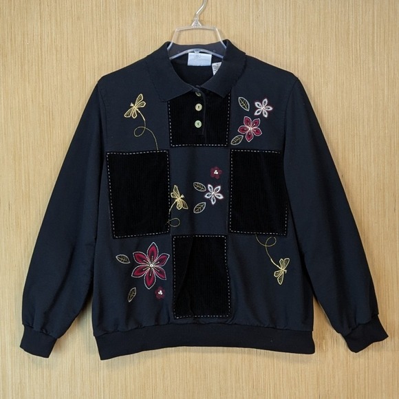 Alfred Dunner Tops - Alfred Dunner Top Women XL Black Corduroy Patchwork Retro 90s Embroidered Floral
